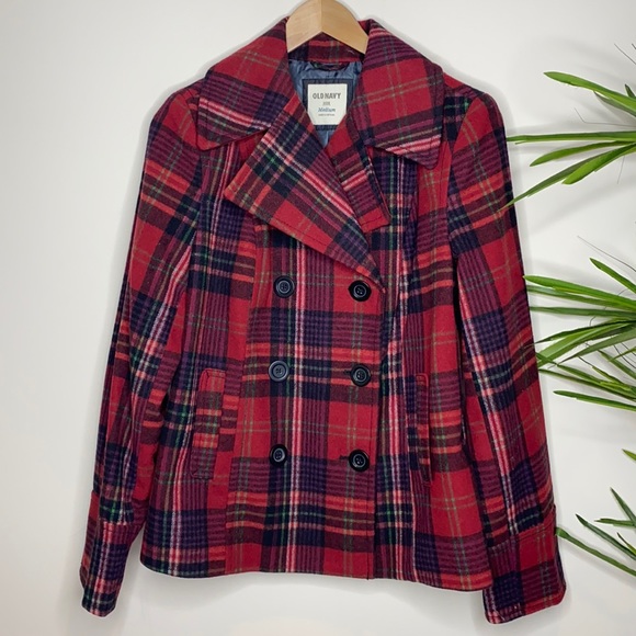 Old Navy Jackets & Blazers - Old Navy || Plaid Double Breasted Wool Blend Peacoat; Size M